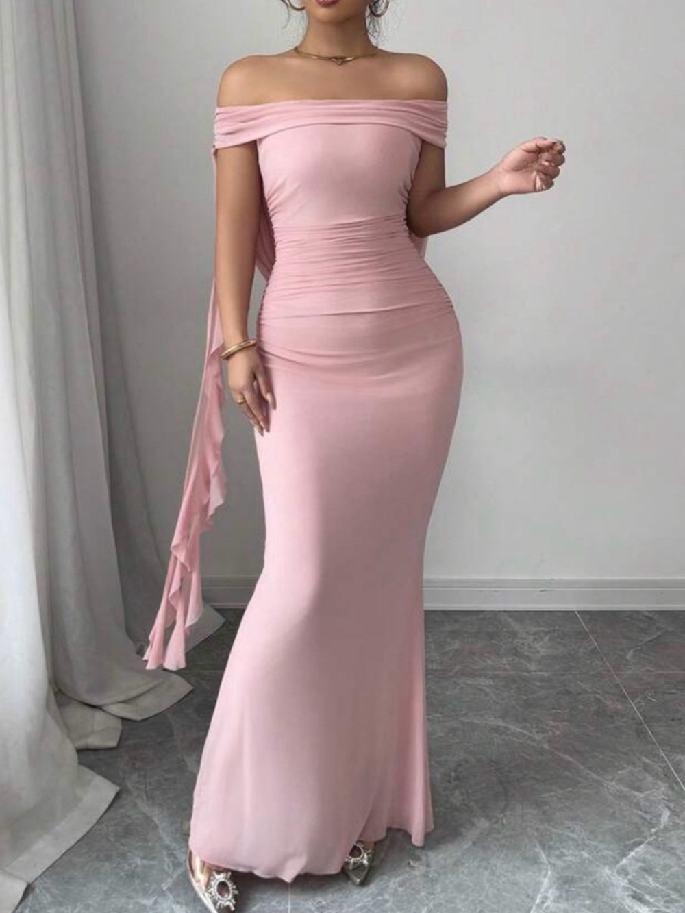 Off-Shoulder Pink Ruched Mermaid Gown